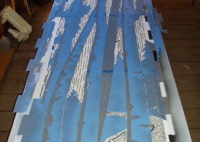 Much of my work requires developing template systems that create multiple originals, as in printmaking, seen here with a lower panel from my Waldsterben:SAD, sudden aspen decline installation.